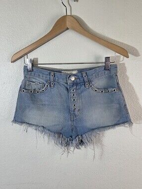 Free People Womens 25 Light Wash Denim Shorts Eyelet Grommet Button Fly Cut Off